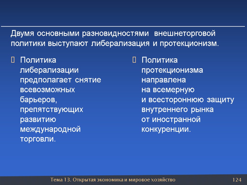 Тема 13. Открытая экономика и мировое хозяйство 124 Политика либерализации предполагает снятие всевозможных барьеров,